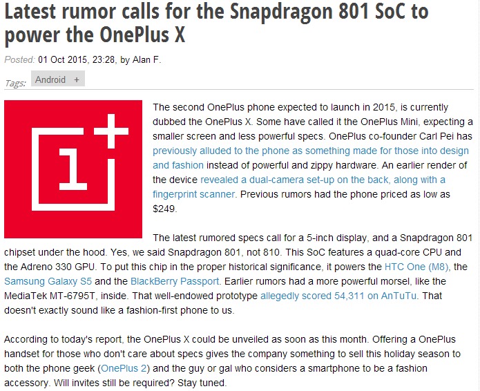 搭载骁龙801，一加低配版或命名OnePlus X