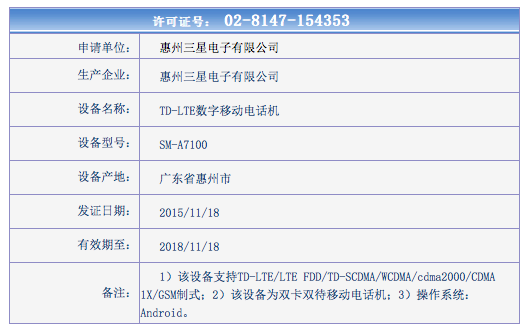 三星新款Galaxy A7登陆工信部 嫌S6贵就考虑它吧