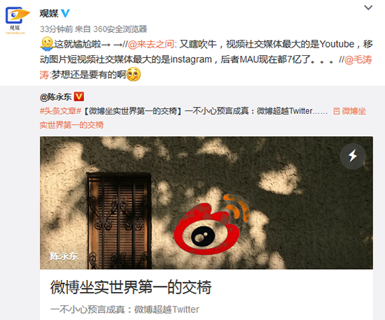 微博成世界第一？CEO和用户都不服 打脸吐槽一齐上