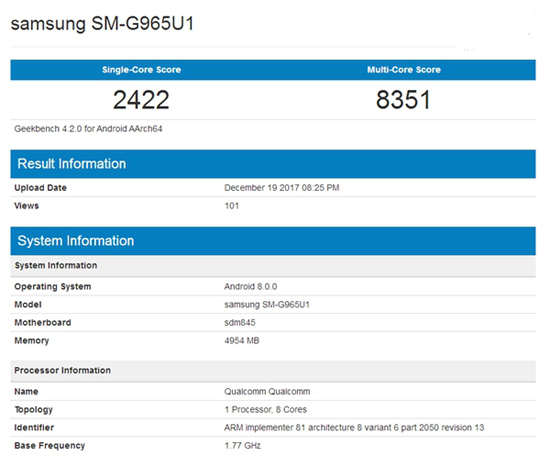 骁龙845强势助攻？三星S9+现身GeekBench网站：跑分爆表